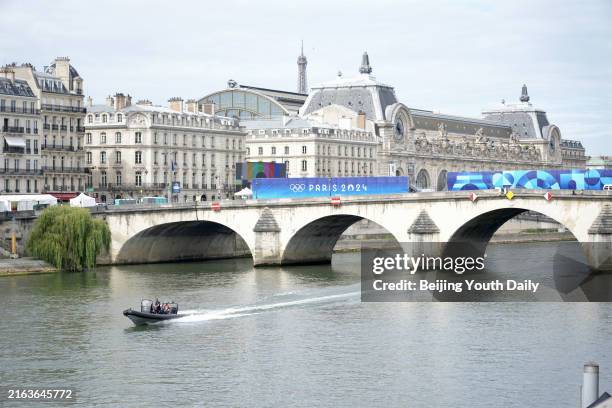 Grandstands are are ready for the Paris 2024 Olympics opening ceremony along the Seine river on July 25, 2024 in Paris, France.