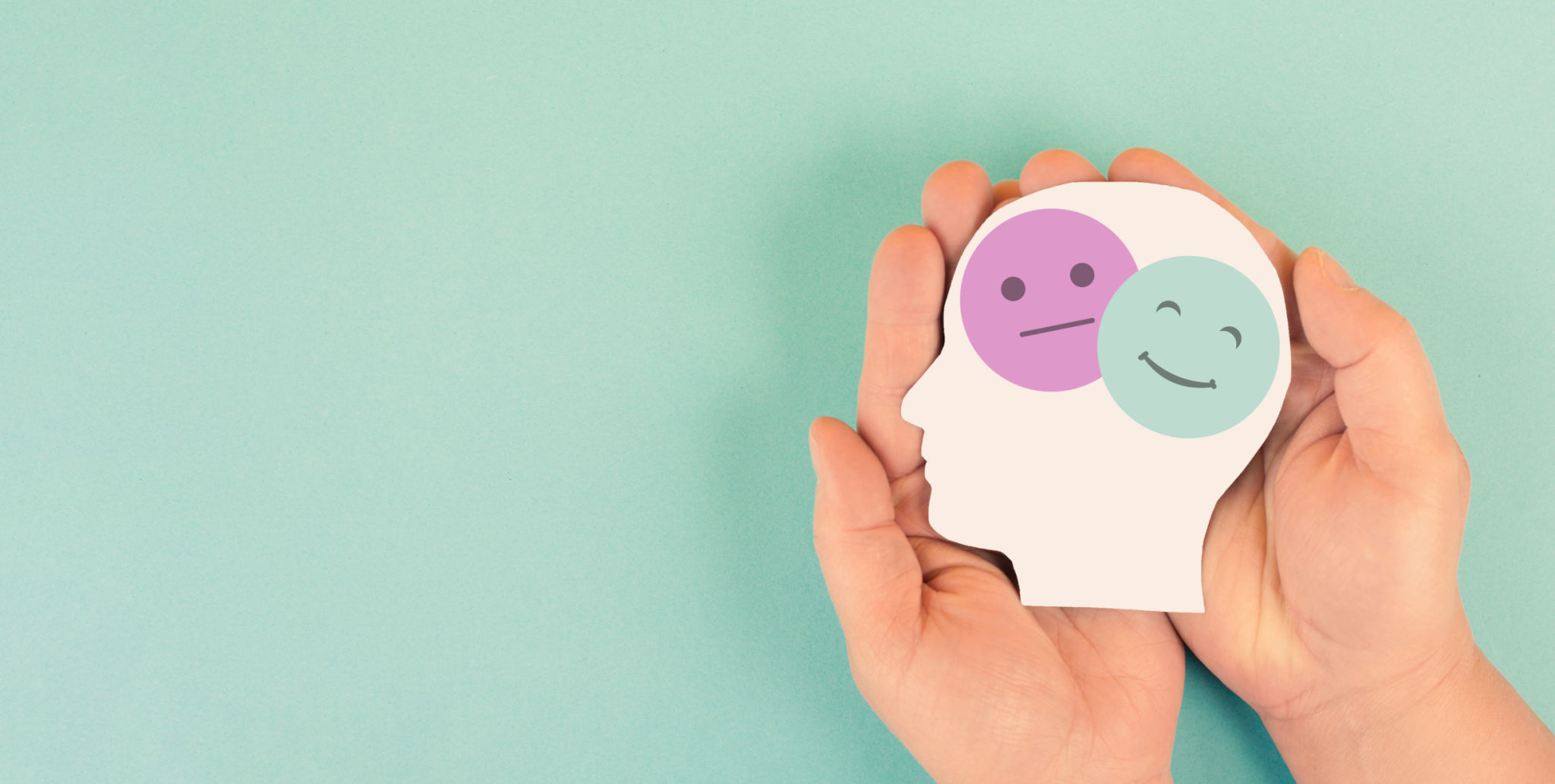 Holding a head with a sad and a happy face, mental health concept, positive and negative mind, depression, support and emotion, divided personality Holding a head with a sad and a happy face, mental health concept, positive and negative mind, depression, support and emotion, divided personality