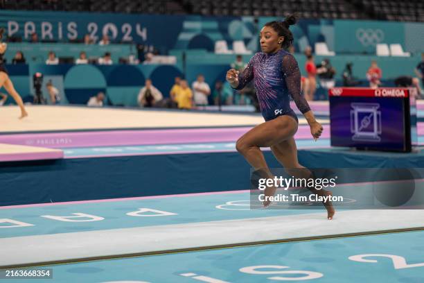 Simone Biles of the United States on the runway to perform a vault during Artistic Gymnastics podium training at the Bercy Arena, in preparation for...