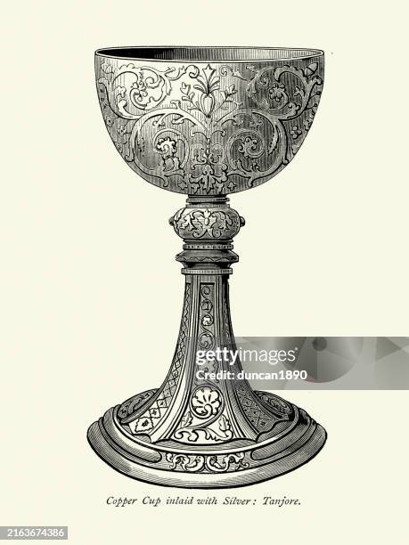 ornate copper cup inlaid with silver, from tanjore, india, victorian art 19th century - tanjore stock illustrations