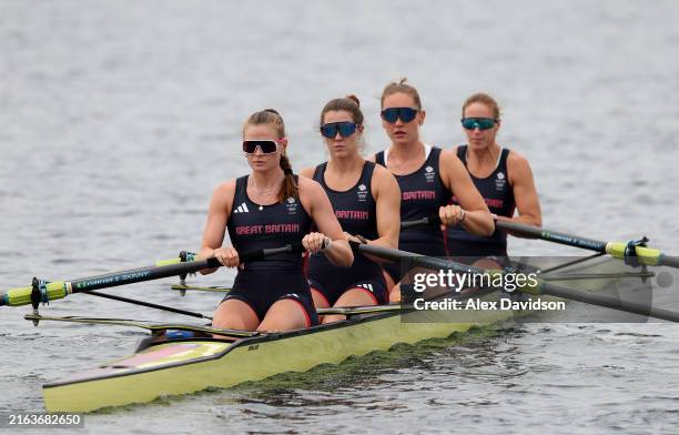 Rebecca Shorten, Sam Redgrave, Esme Booth and Helen Glover of Team Great Britain part of the Women's Four practice ahead of the Rowing at...