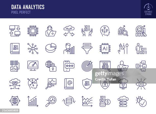 data analytics - thin line vector icon set. pixel perfect. editable stroke. the set contains icons: data transfer, ai chip, data flow, cloud computing, binary code, network, pie chart, data filtering, cybersecurity, coding, performance metrics - filter stock illustrations