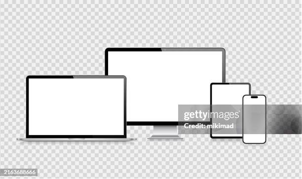 realistisches set von vector mockup digital tablet, handy, smartphone, laptop und computermonitor. ui / ux-design. vektorillustration, modernes digitales gerät, digitale vorlage. stock illustration. eps 10. - computer-monitor stock-grafiken, -clipart, -cartoons und -symbole