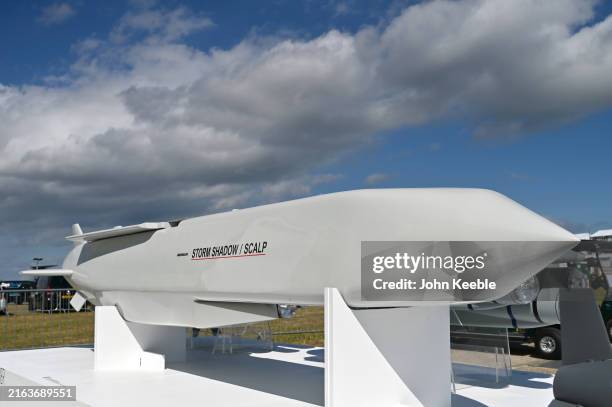 Conventionally armed long range deep strike weapon is displayed at the MBDA exhibition hall during the Farnborough International Airshow 2024 at...