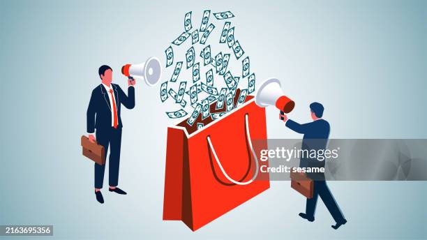 promote shopping and spending, economic stimulus, money circulation, quantitative easing, isometric two merchants with megaphones shouting and money falling into shopping bags - valuable collection stock illustrations