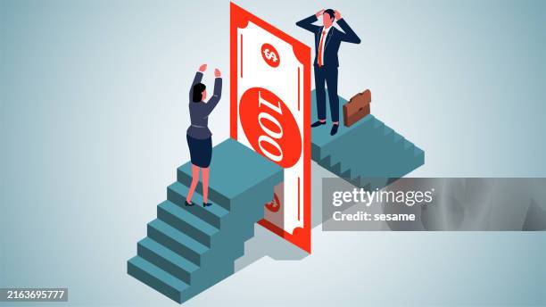 money barriers, money problems, financial disputes, money financial problems between couples or husbands and wives, huge banknotes stand in the way of young businessmen and businesswomen - divorce stock illustrations