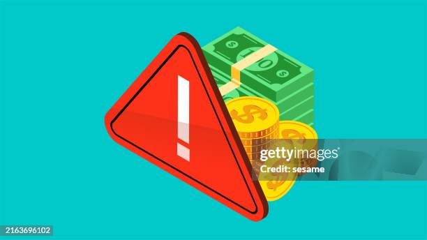 ilustrações, clipart, desenhos animados e ícones de segurança do dinheiro, segurança e segurança da riqueza, perigo e crise de investimento, aviso de perigo financeiro, sinalização de aviso de perigo isométrico atrás de uma pilha de dinheiro - sinal de mantenha a distância