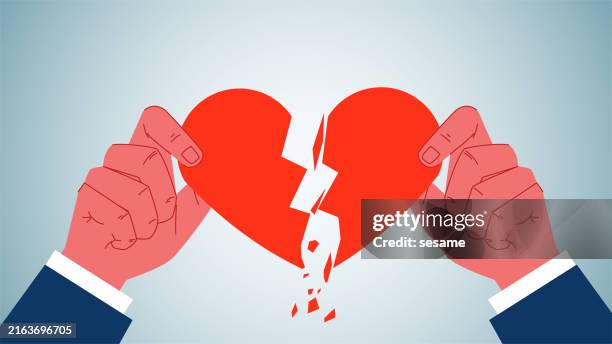 negative disappointment, discouragement, loss of confidence, marital problems, relationship difficulties or communication problems, breaking the heart shape with two hands - infidelity stock illustrations