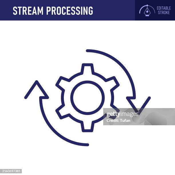 symbol für die stream-verarbeitung - dünner linienvektor. pixel perfekt. bearbeitbarer strich. ideal für echtzeit-datenanalyse, ereignisverarbeitung und informationsfluss - kontinuität stock-grafiken, -clipart, -cartoons und -symbole