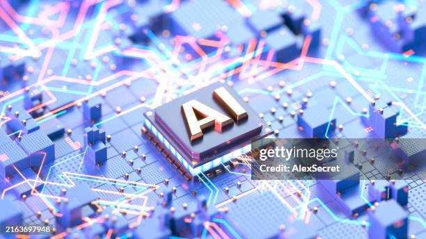 artificial intelligence processor on futuristic circuit board - aprendizagem-automática imagens e fotografias de stock