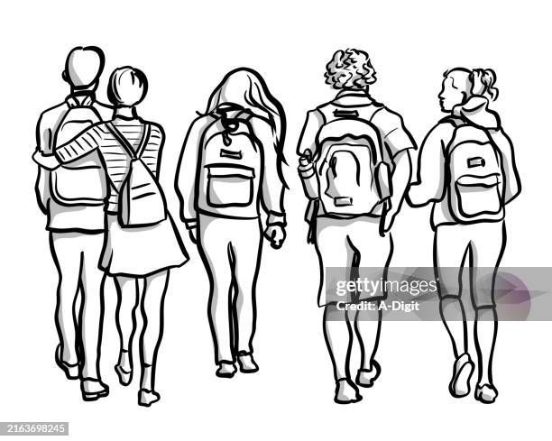 tightgroupofstudentfriends - friends walking stock illustrations