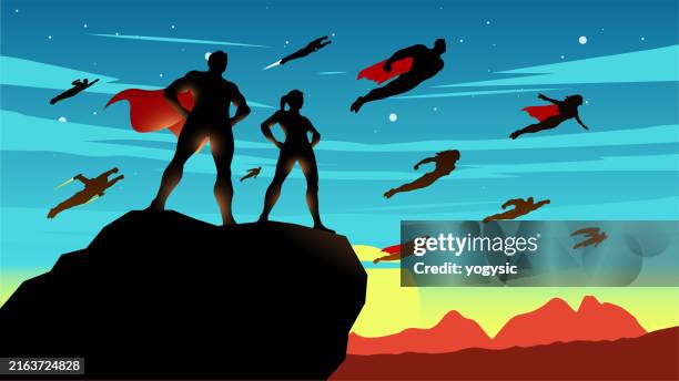 vector superhero team silhouettes at dawn illustration - superman flying stock illustrations