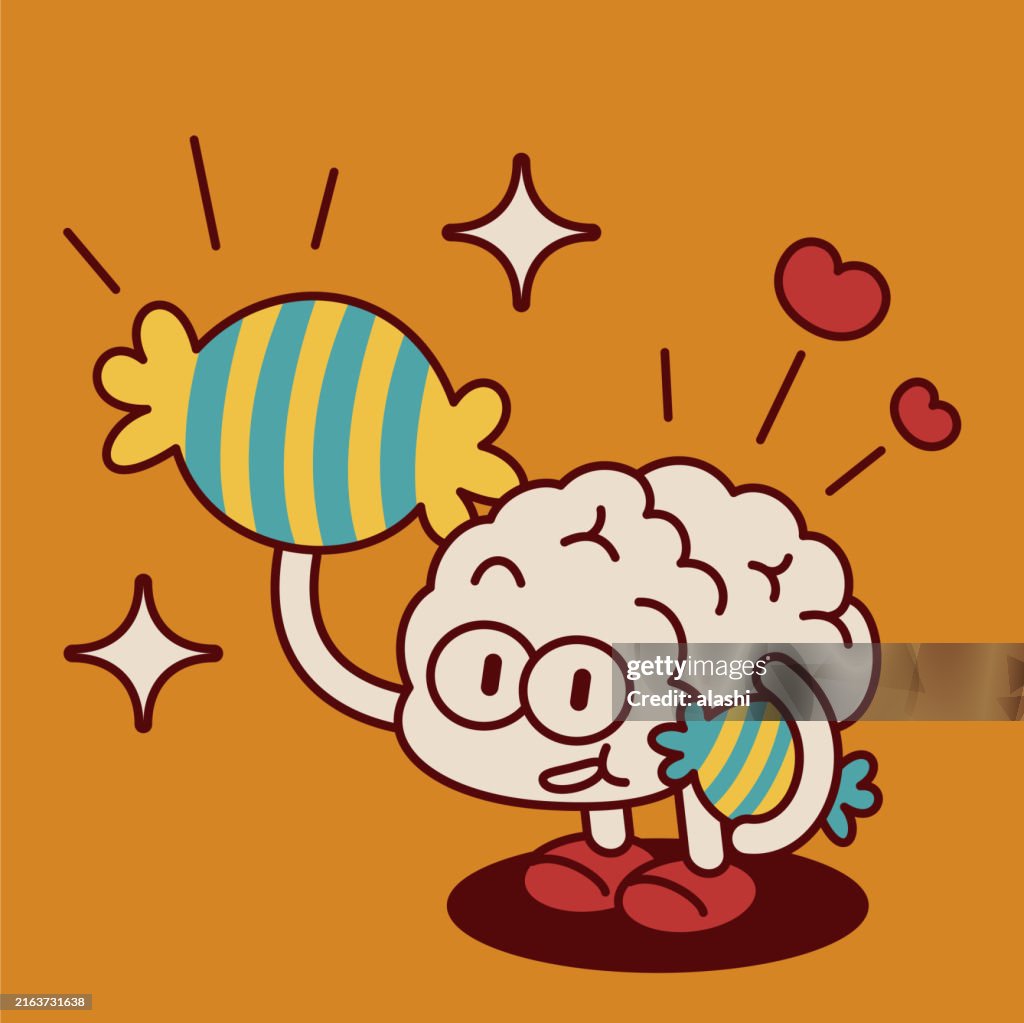 A cute anthropomorphic Brain Man loves eating candy, the brain depends on sugar as its main fuel