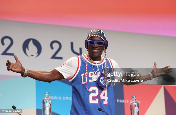 Flavor Flav speaks during a Team USA Water Polo press conference at the Main Press Centre on July 26, 2024 in Paris, France.