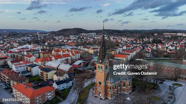aerial view of borås city, aerial view of gustav adolf church - borås stock pictures, royalty-free photos & images