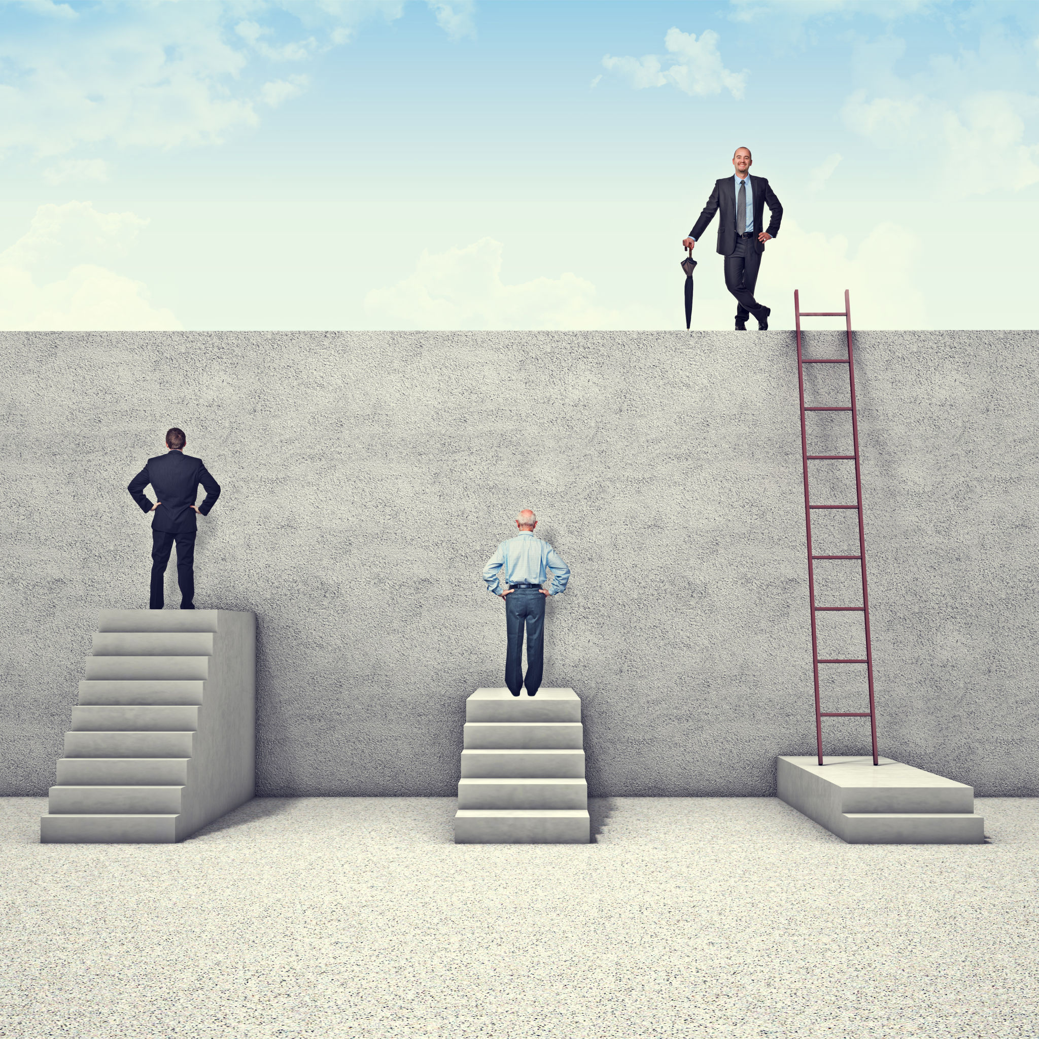 Businessmen Standing On Steps And Retaining Wall Businessmen Standing On Steps And Retaining Wall