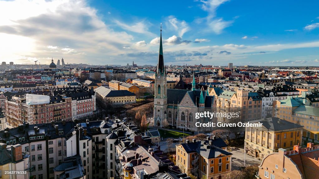 Aerial view of Oscar's Church in Stockholm, Aerial view of Östermalm, waterfront building on Strandvagen embankment in Ostermalm district
