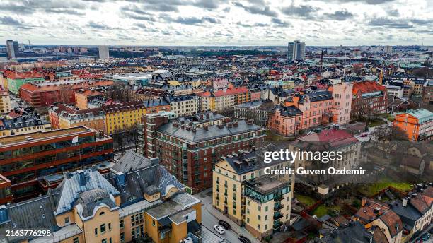 aerial view of stockholm södermalm and sofia church - södermalm stock pictures, royalty-free photos & images