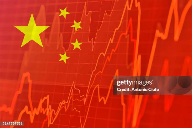 chinese flag and stock market indicators - concept of chinese economic trends - chinês imagens e fotografias de stock
