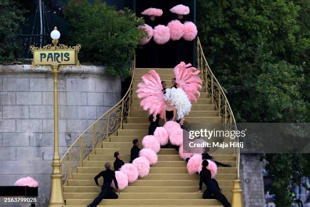 American Singer-Songwriter Lady Gaga performs at the Sully bridge area before the opening ceremony of the Olympic Games Paris 2024 on July 26, 2024...