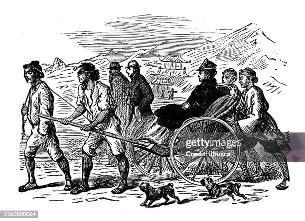 antique engraving: rickshaw - rickshaw stock illustrations