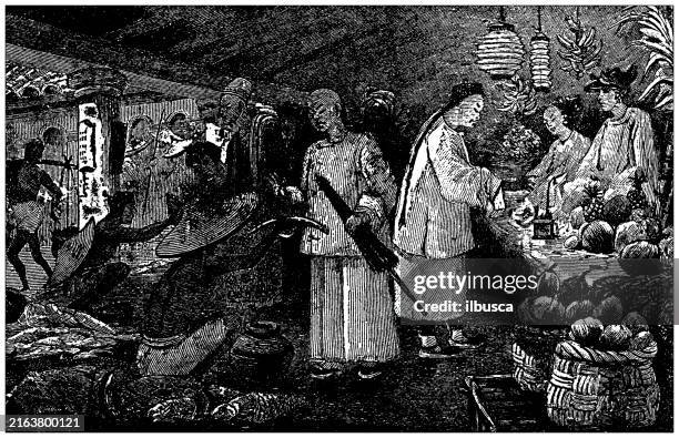 antique engraving: singapore market - singapore hawker centre stock illustrations
