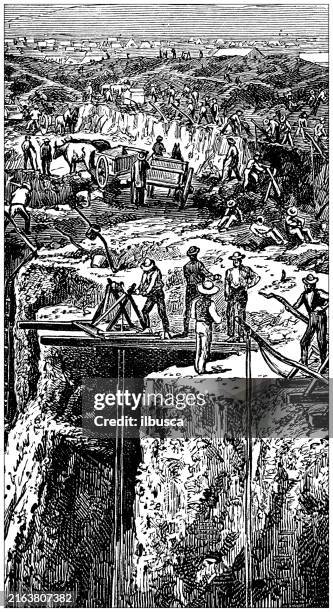 antique engraving: south african diamond mine - diamond mine south africa stock illustrations