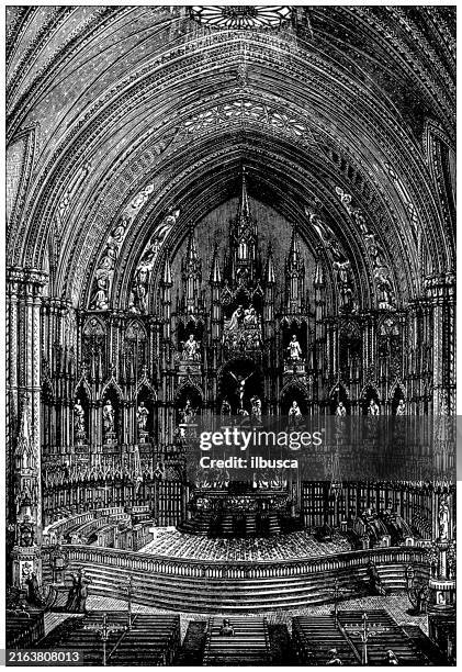antique engraving: church of notre dame, montreal - notre dame de montreal stock illustrations