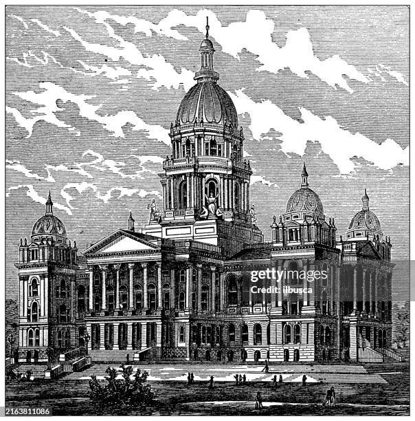 antique engraving: iowa state capitol building, des moines - iowa state capitol building stock illustrations