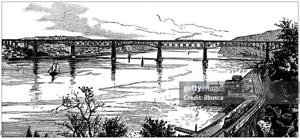 Antique engraving: Poughkeepsie Bridge, Hudson River