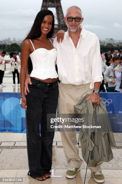 Tina Kunakey and Vincent Cassel attend the red carpet ahead of the opening ceremony of the Olympic Games Paris 2024 on July 26, 2024 in Paris, France.