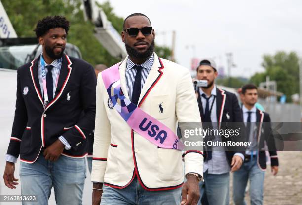 LeBron James, Flagbearer of Team United States, looks on prior to the opening ceremony of the Olympic Games Paris 2024 on July 26, 2024 in Paris,...
