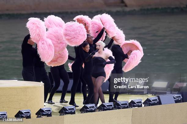 American Singer-Songwriter Lady Gaga performs at the Sully bridge area before the opening ceremony of the Olympic Games Paris 2024 on July 26, 2024...