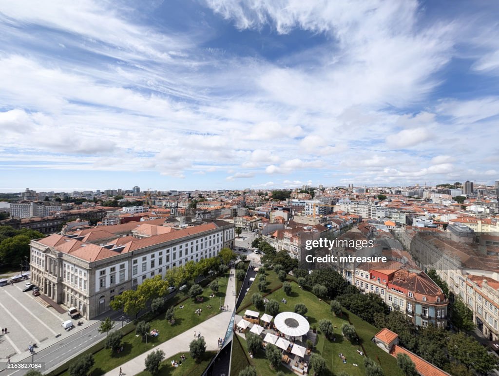 Image of Argostoli, Kefalonia, Greece, sunny cloudy blue sky background, aerial rooftops of houses and buildings, view