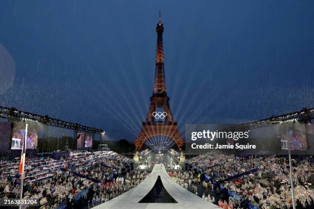 General view of Eiffel Tower and the Place Du Trocadero during the opening ceremony of the Olympic Games Paris 2024 on July 26, 2024 in Paris, France.