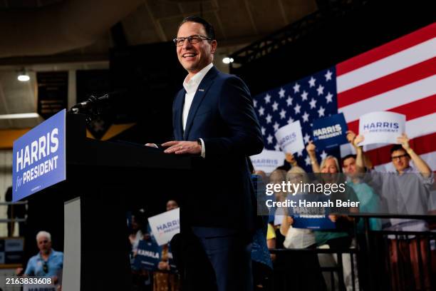 Pennsylvania Governor Josh Shapiro speaks during a campaign rally for Vice President Kamala Harris on July 29, 2024 in Ambler, Pennsylvania. Shapiro...