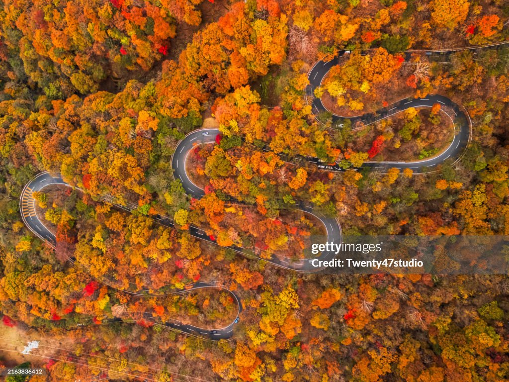 Aerial view of a winding road with beautiful mountains in Nikko, Japan