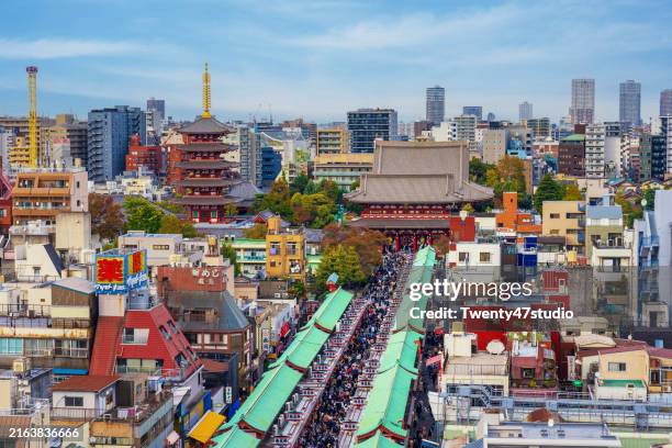 high angle view of the dense city of tokyo at asakusa area - asakusa stock pictures, royalty-free photos & images