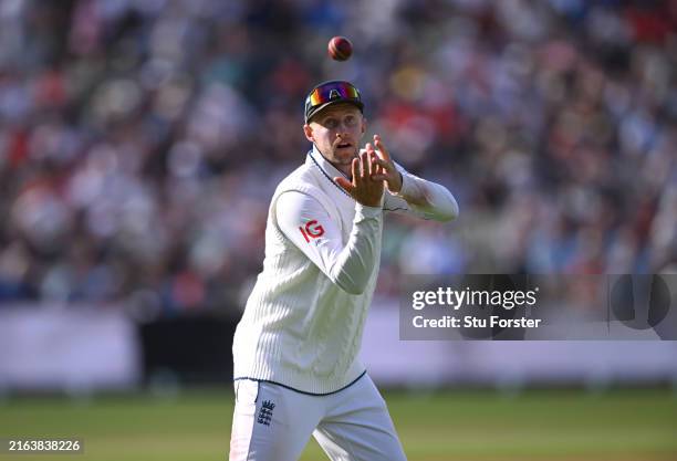 England fielder Joe Root takes a catch during day one of the 3rd Test Match between England and West Indies at Edgbaston on July 26, 2024 in...