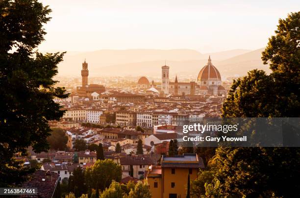 elevated view over the city of florence at sunset - renaissance stockfoto's en -beelden