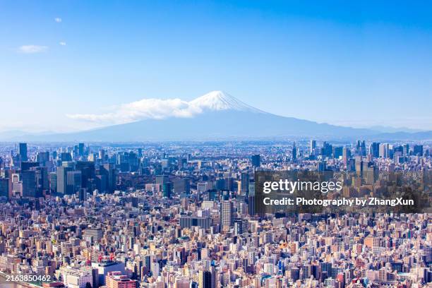 tokyo street skyline aerial view with fuji mount at daytime, japan. - honshu stockfoto's en -beelden