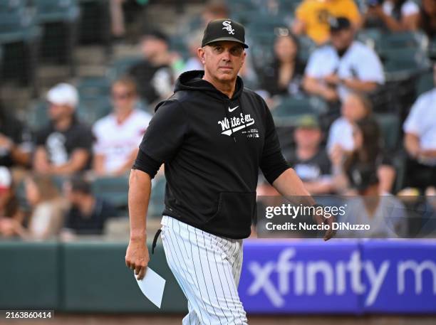 Manager Pedro Grifol of the Chicago White Sox walks to the dugout prior to the game against the Seattle Mariners at Guaranteed Rate Field on July 26,...