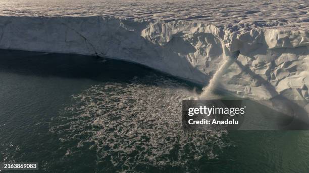 An aerial view of Bresvelbreen iceberg in Svalbard and Jan Mayen on July 07, 2024. The National Arctic Scientific Research Expedition team, organized...