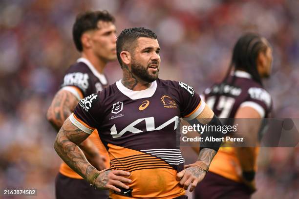 Adam Reynolds of the Broncos looks on during the round 21 NRL match between Brisbane Broncos and Canterbury Bulldogs at Suncorp Stadium, on July 27...