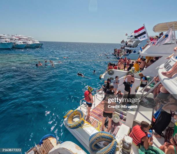 dive boats and turists on the red sea in egypt - hurghada stock pictures, royalty-free photos & images