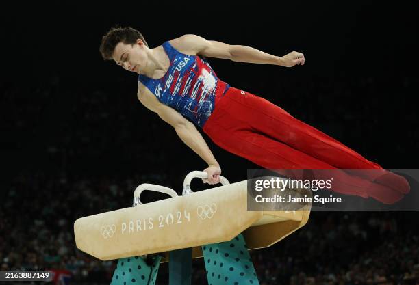 Stephen Nedoroscik of Team United States competes on the pommel horse during the Artistic Gymnastics Men's Qualification on day one of the Olympic...