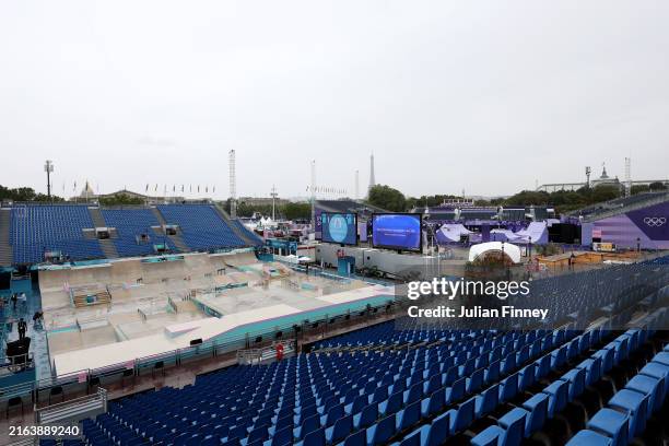 General view of the Skateboarding Arena at La Concorde as the LED Screen displays the message "Men's Street Event rescheduled to July 29th" and "Due...