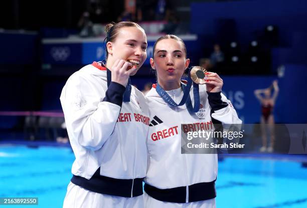 Bronze Medalists, Yasmin Harper and Scarlett Mew Jensen of Team Great Britain pose with their medals after the Medal Ceremony after competing in the...