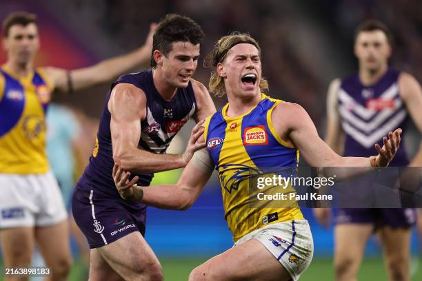 Harley Reid of the Eagles rteacts during the round 20 AFL match between Fremantle Dockers and West Coast Eagles at Optus Stadium, on July 27 in...