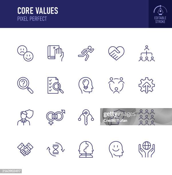 core values icon set - editable stroke, thin line vector, pixel perfect, business ethics, teamwork, diversity, innovation, integrity, responsibility, quality, commitment, customer focus, employee satisfaction - environmental policy stock illustrations